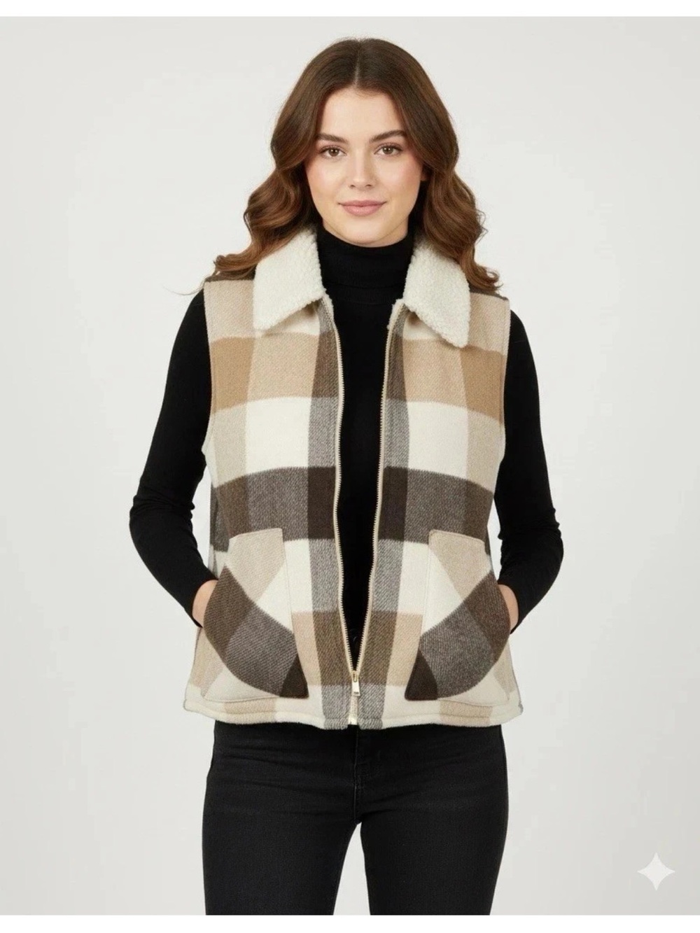 Sanctuary Womens XXL Mixed Media Brown Tan Check Sherpa Lined Vest Cozy Winter
